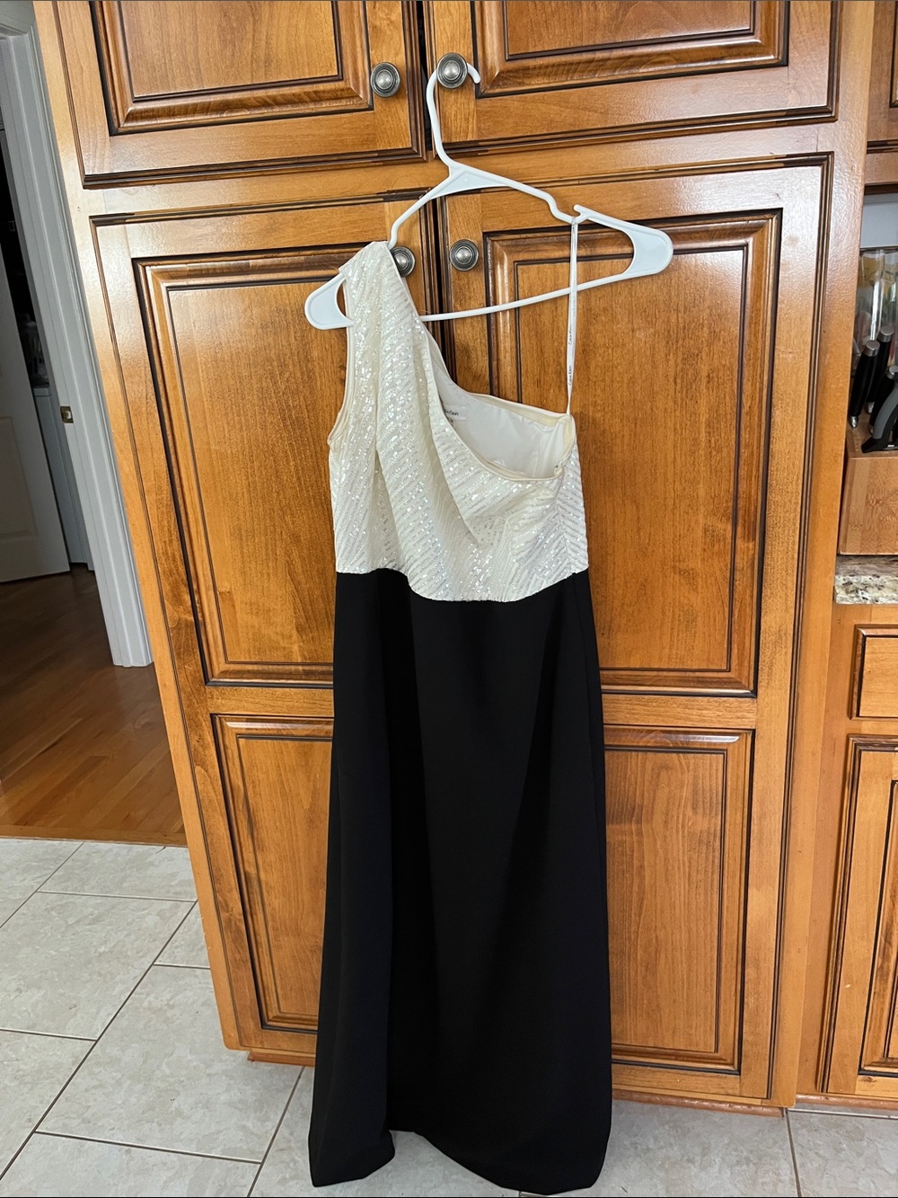 Calvin Klein Black and Cream One-Shoulder Evening Gown